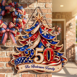 America 250th Anniversary Christmas Tree Wood Sign - Personalized Gifts for Patriotic Family