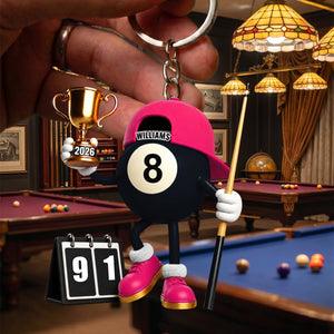 Personalized Cartoon Billiard Ball Champion Mascot Acrylic Keychain – Trophy & Cue Stick Gift For Pool Lovers