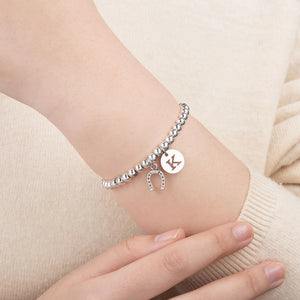 Personalized Lucky Horseshoe Elastic Bead Bracelet with Initial Birthday Baptism Gift for Kids