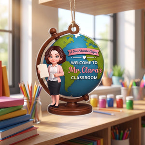 Personalized "A New Adventure Begins" Acrylic Hanging Ornament β Globe Art Teacher Gift For Classroom