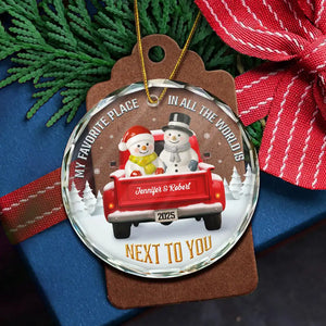 My Favorite Place In All The World Snowman Ceramic Effect - Personalized Circle Glass Ornament