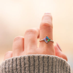 Personalized Baguette Mothers 3-6 Birthstones Family 925 Silver Ring