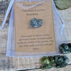 Cute Snail, Moss Agate Crystal For The Garden, Unique Gardeners Gift