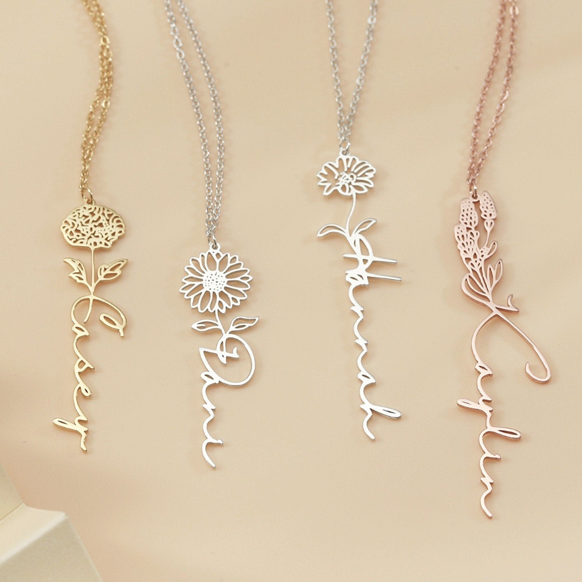 Custom Name Necklace with Birth Flower | Dainty Personalized Minimalist Jewelry