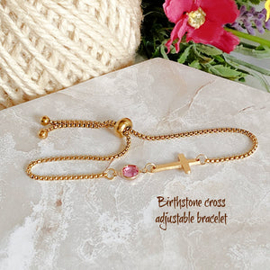 Personalized Dainty Cross Birthstone Bracelet