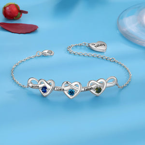 Personalized Linked Heart Bracelet With Birthstones Engraved Name