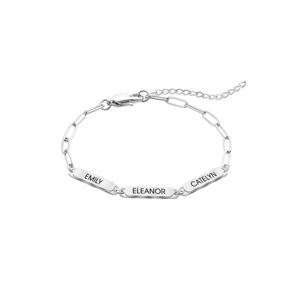 Personalized Family Name Bar Bracelet Engraved Charm with a Dainty Paperclip Chain