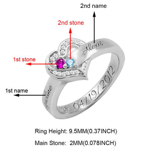 Heart Engraved Name and Birthstone Ring for Women Personalized 925 Sterling Silver Ring