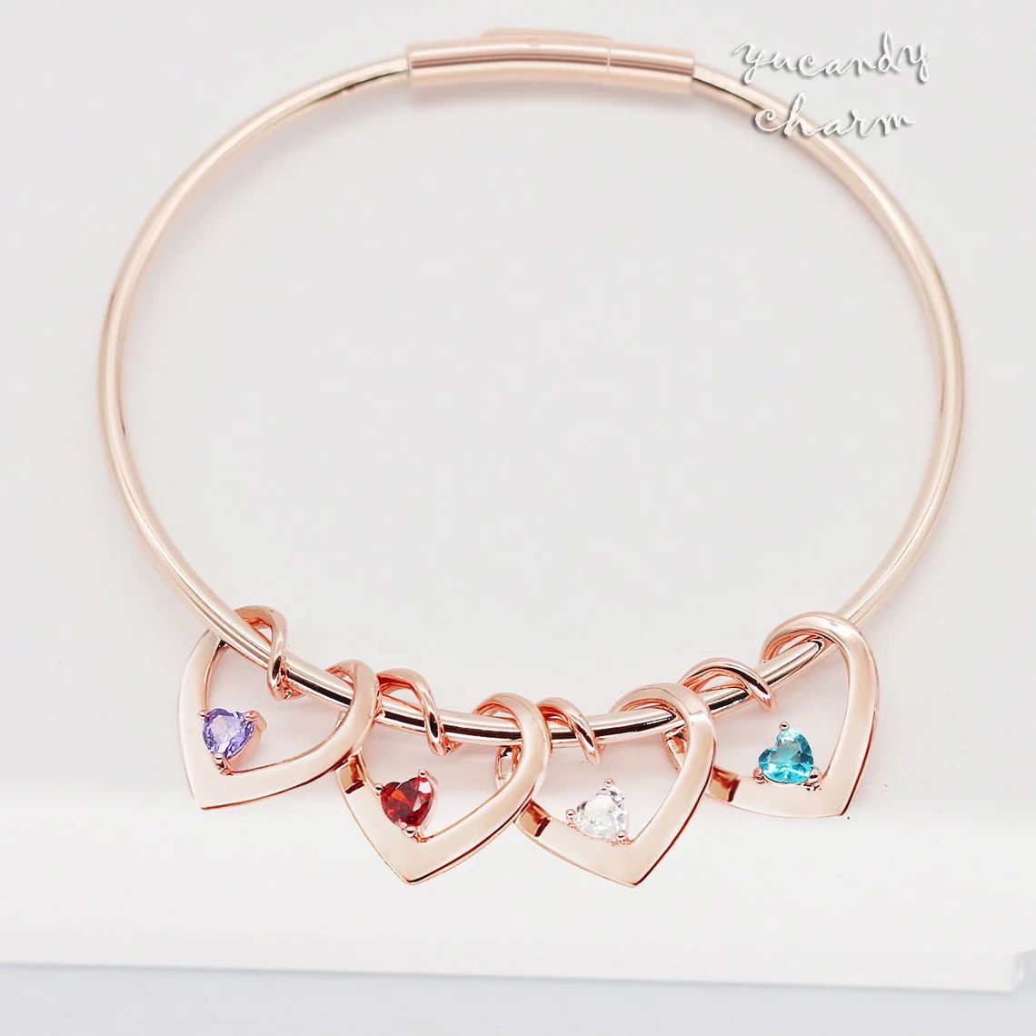 Custom Name&Birthstone Family Bangle Bracelet with Heart Shape Pendants