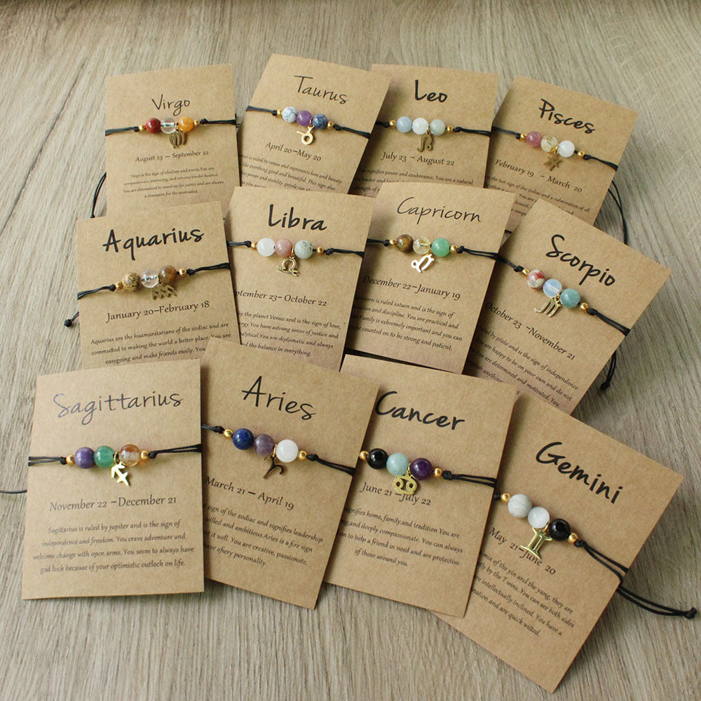 Natural Stone Hand Woven Bracelet With Twelve Constellations Paper Card