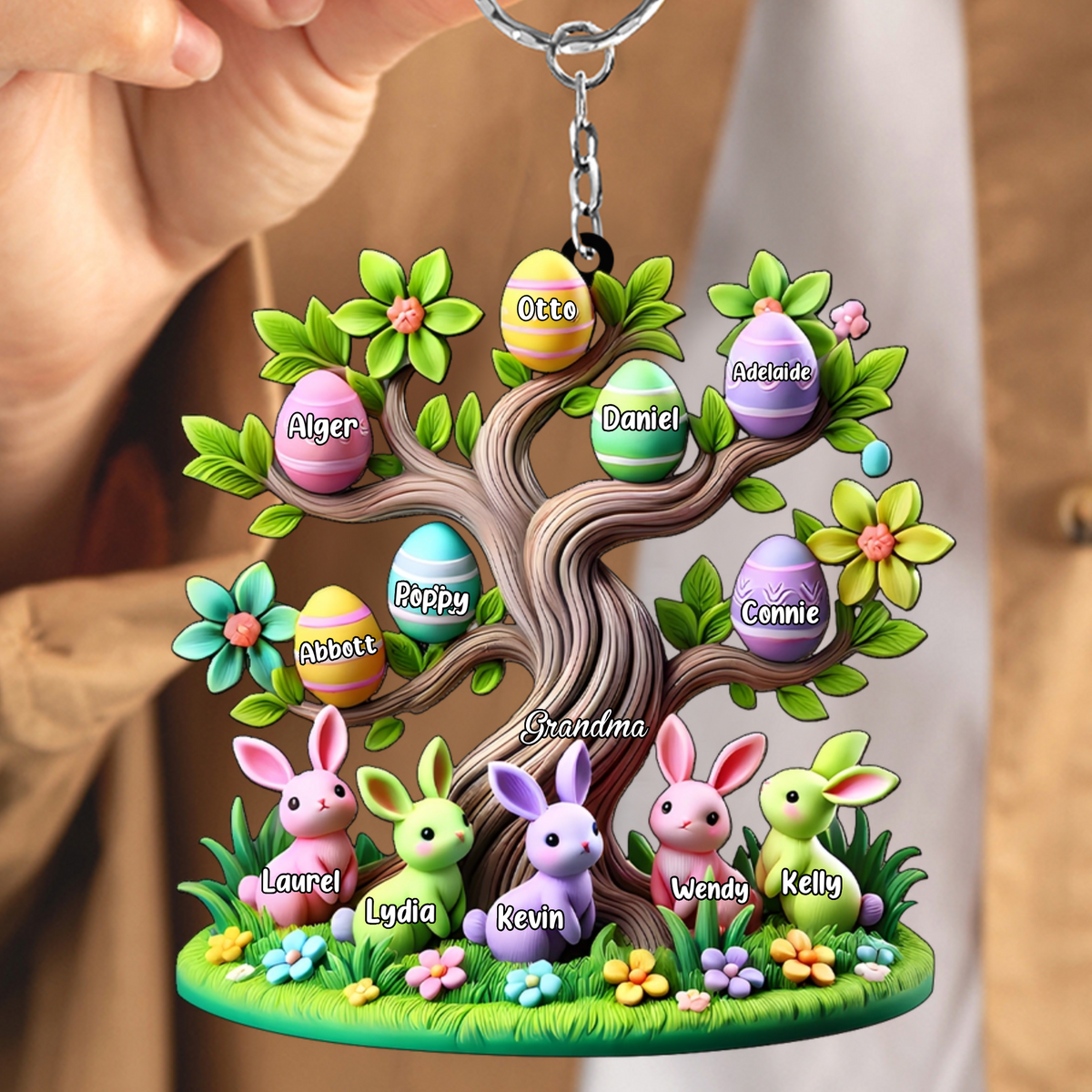 Easter Grandma Bunny Egg Tree Personalized Acrylic Keychain