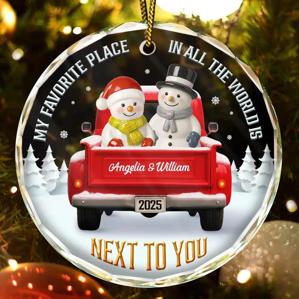My Favorite Place In All The World Snowman Ceramic Effect - Personalized Circle Glass Ornament