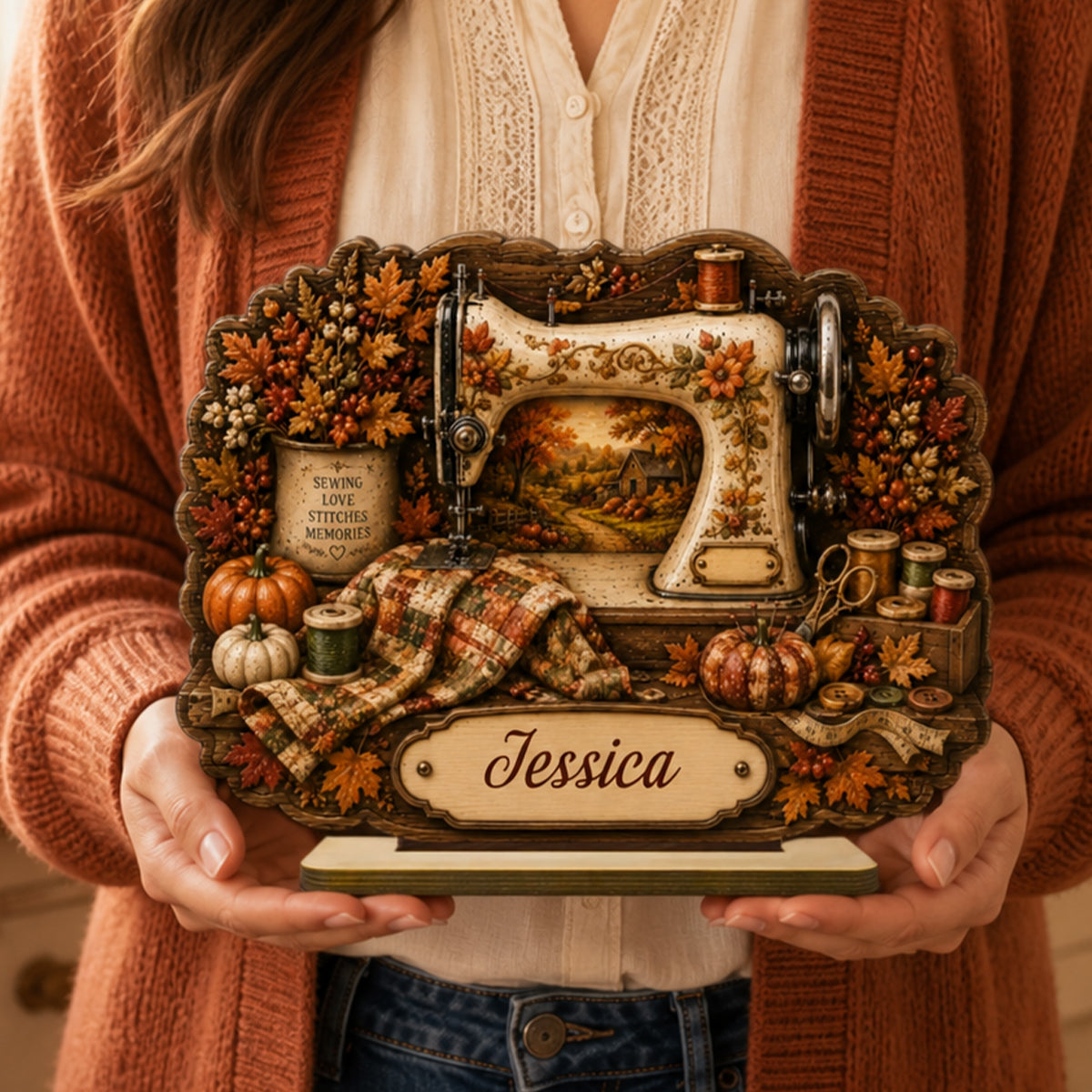 Personalized Sewing Machine Fall Season Wooden Plaque,Custom Name Gift For A Tailor
