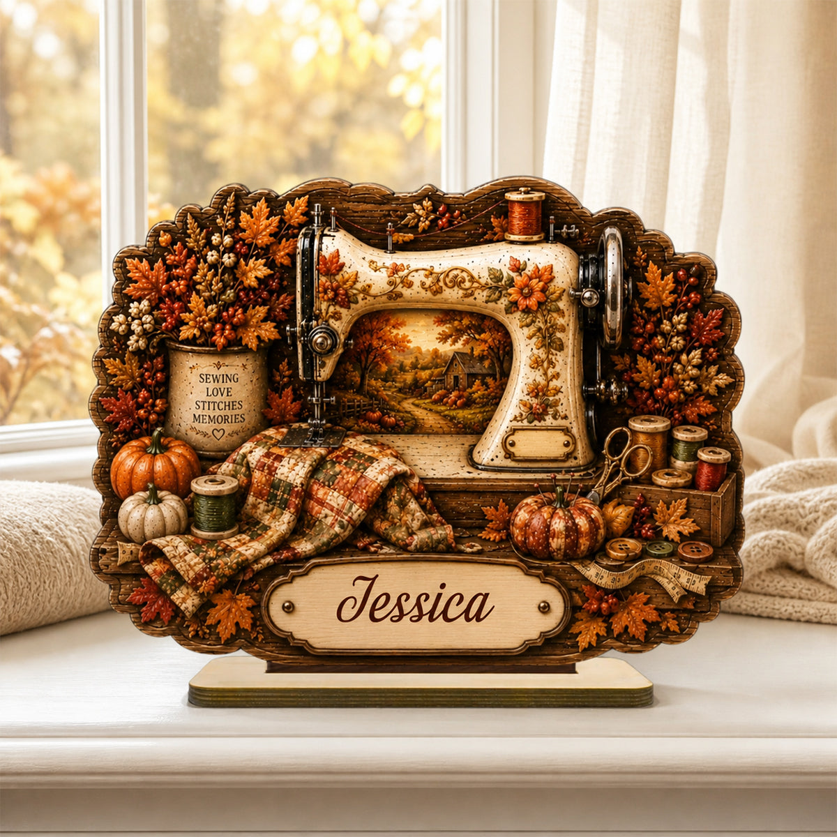 Personalized Sewing Machine Fall Season Wooden Plaque,Custom Name Gift For A Tailor
