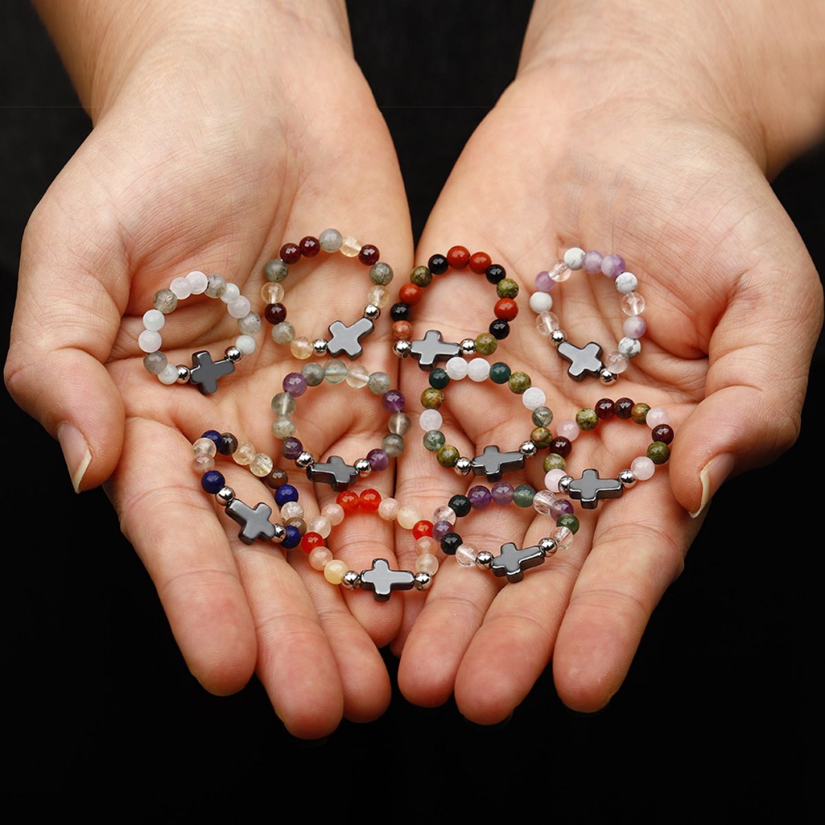 Elastic stone cross ring, angel stone combination copper bead ring