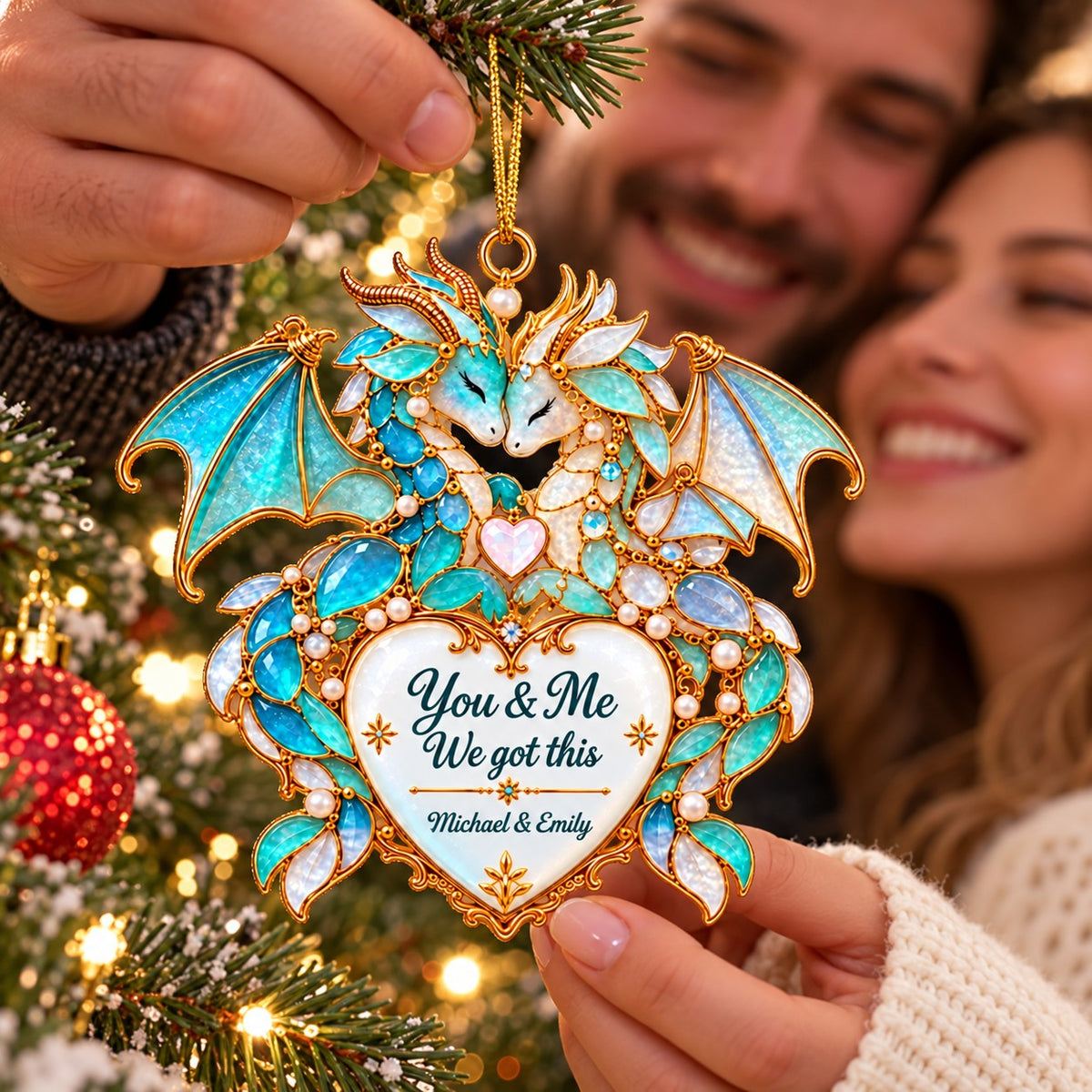 Personalized Dragon Custom Shape Sea Glass Effect Ornament,Christmas Gift for Couples