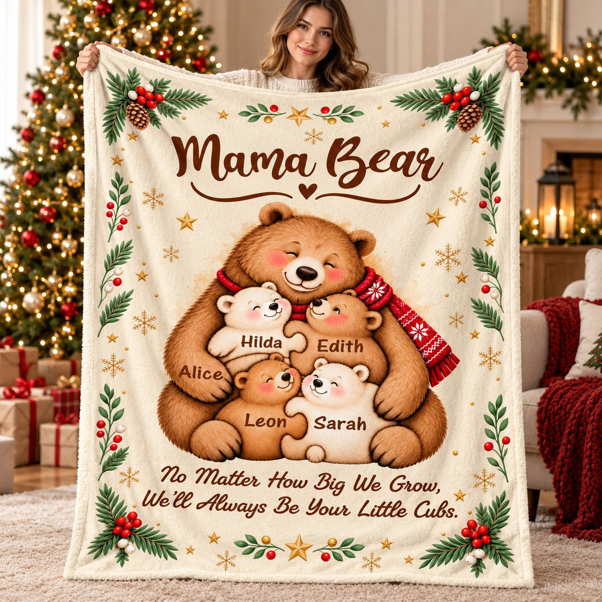 Personalized Mama Bear Christmas Blanket – Custom Kids' Names Bear Family Fleece Blanket, Christmas Gift For Mom From Her Children