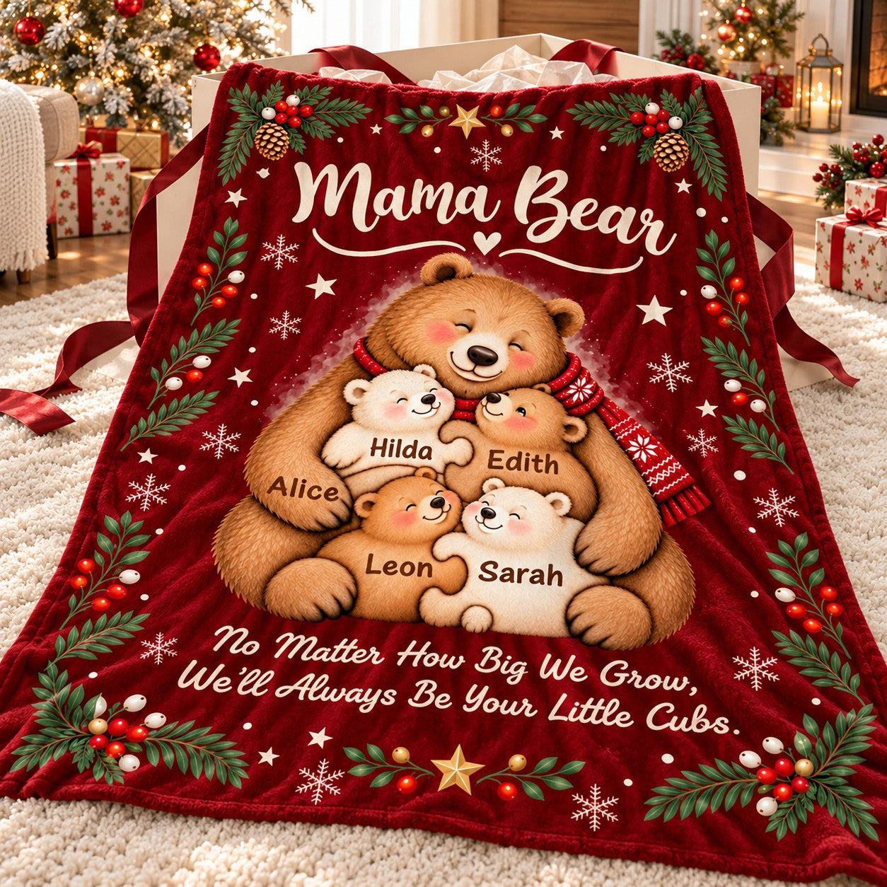 Personalized Mama Bear Christmas Blanket – Custom Kids' Names Bear Family Fleece Blanket, Christmas Gift For Mom From Her Children
