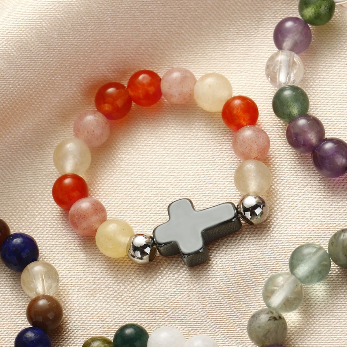 Elastic stone cross ring, angel stone combination copper bead ring