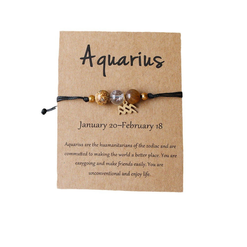 Natural Stone Hand Woven Bracelet With Twelve Constellations Paper Card