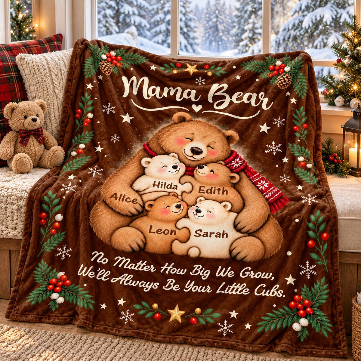 Personalized Mama Bear Christmas Blanket – Custom Kids' Names Bear Family Fleece Blanket, Christmas Gift For Mom From Her Children