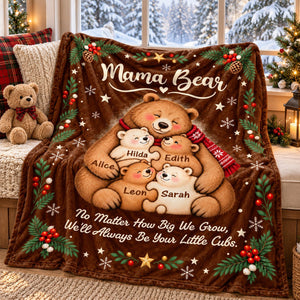 Personalized Mama Bear Christmas Blanket – Custom Kids' Names Bear Family Fleece Blanket, Christmas Gift For Mom From Her Children
