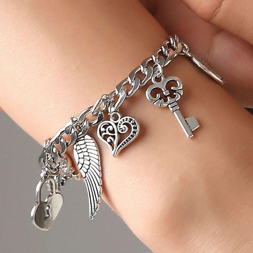 Vintage Engraved Heart Lock Key Wings Charm Ancient Silver Bracelet