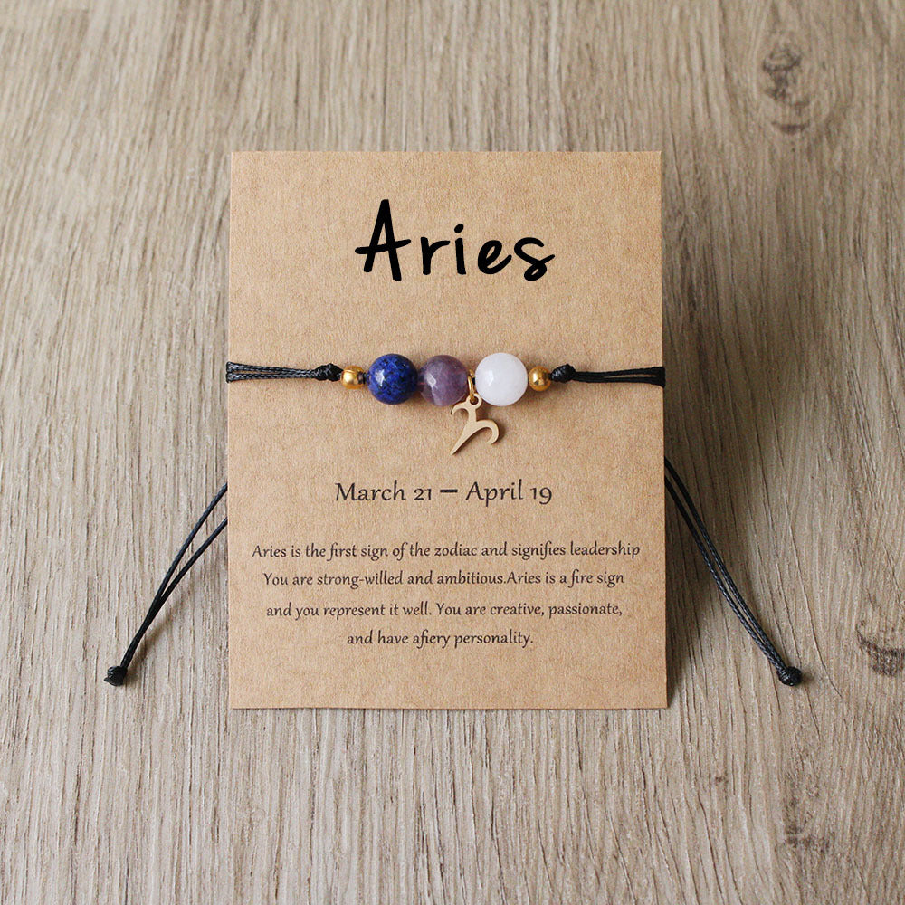 Natural Stone Hand Woven Bracelet With Twelve Constellations Paper Card
