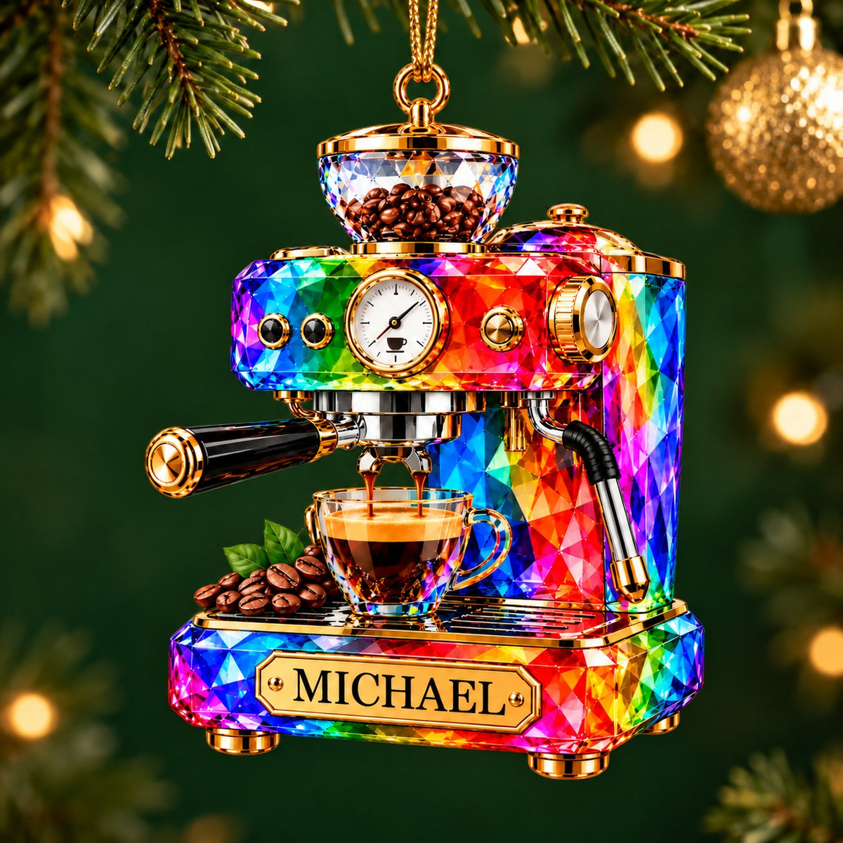 Stained Glass Effect Espresso Machine Custom Name Acrylic Ornament, Gift for Coffee Lover Barista