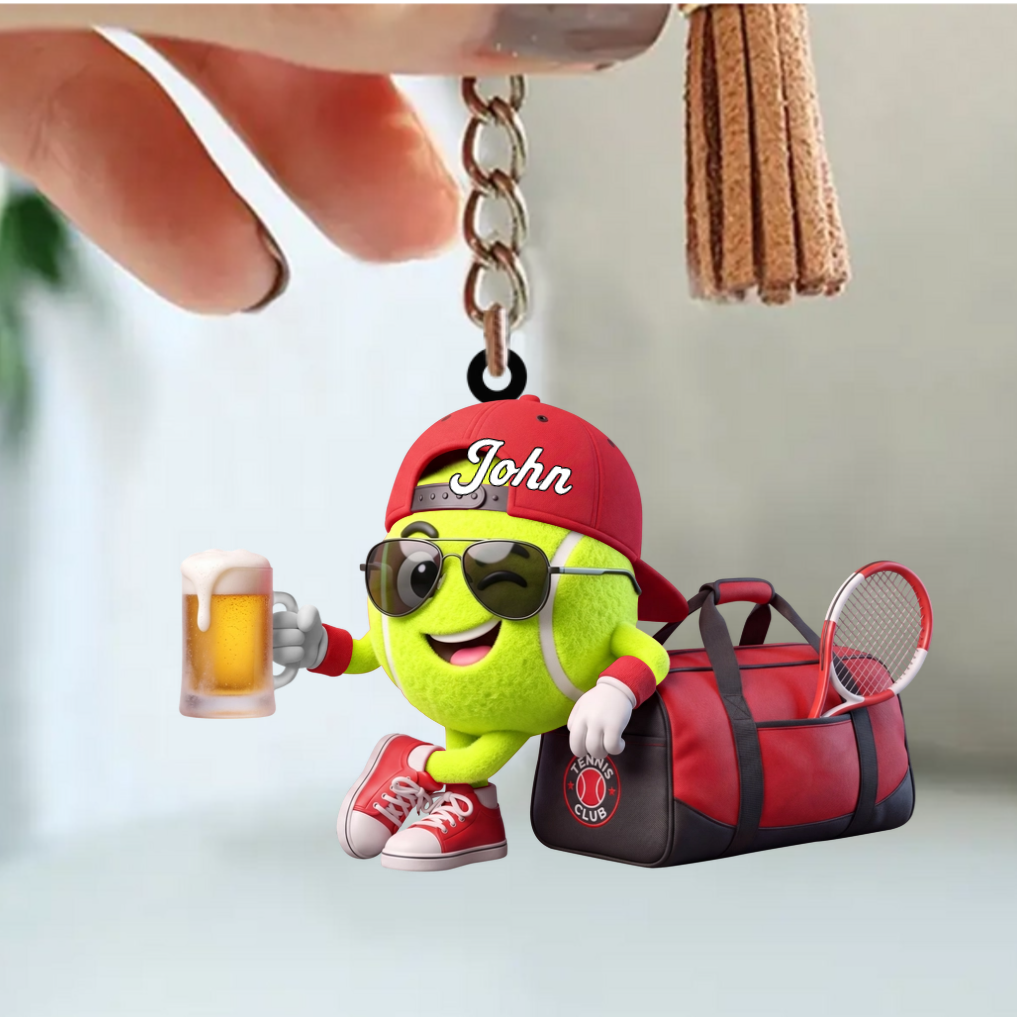 Cheers With Beer Tennis Keychain Personalized Cool Tennis Ball Mascot Keychain