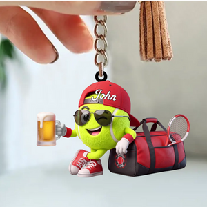 Cheers With Beer Tennis Keychain Personalized Cool Tennis Ball Mascot Keychain