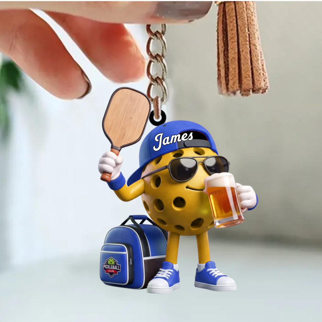 Sunglasses And Beer Pickleball Keychain - Personalized Cool Pickleball Ball Mascot Keychain