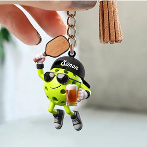 Jumping Celebrating Pickleball Keychain - Personalized Cool Pickleball Ball Mascot Keychain