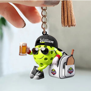 Post‑Game Beer Toast With Bag Design Keychain - Personalized Cool Pickleball Ball Mascot Keychain