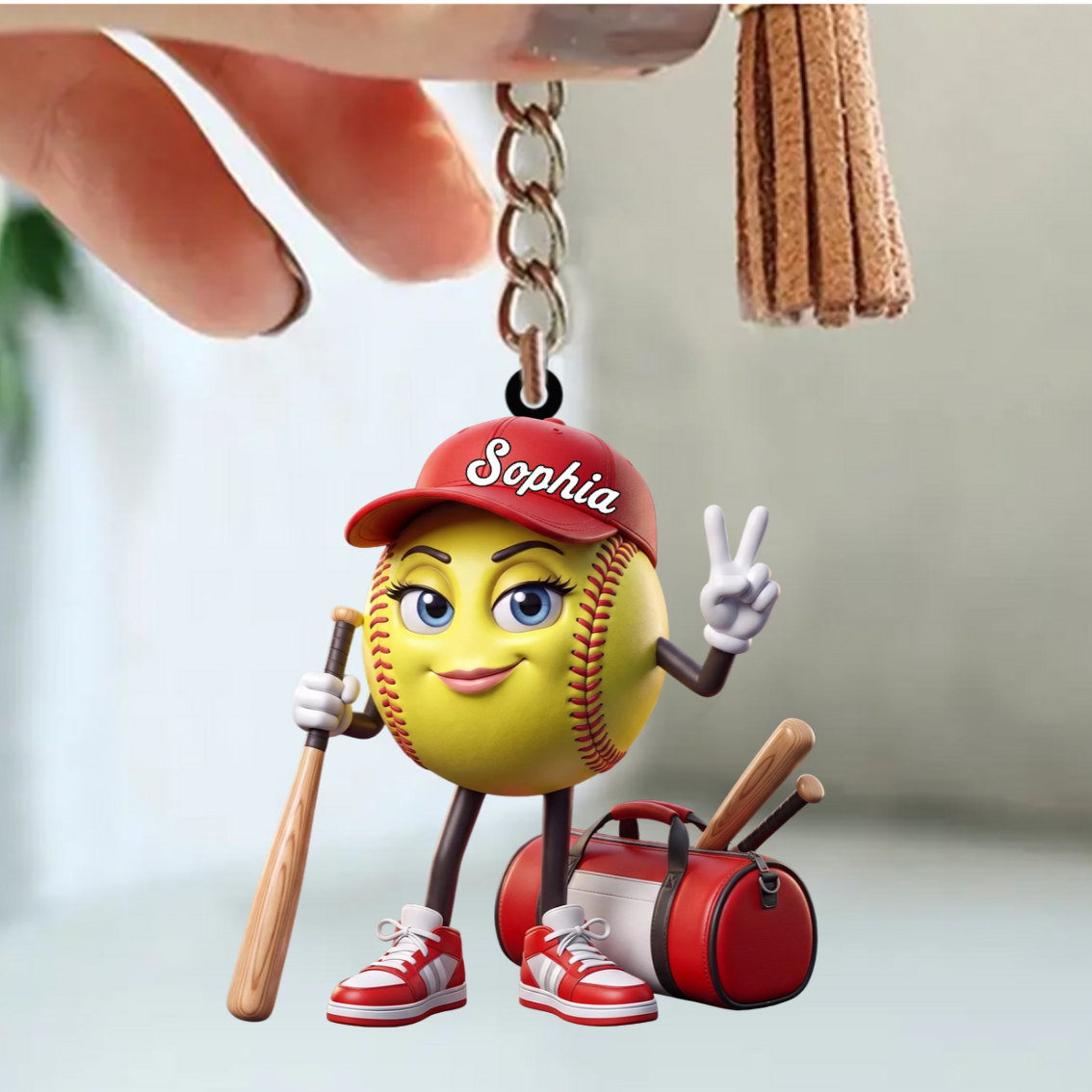 V-sign Baseball Softball Keychain - Personalized Cute Baseball Softball Ball Mascot Keychain
