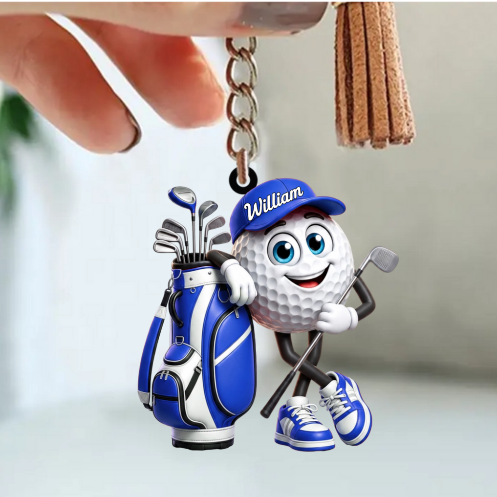 Holding Golf Club Golf Ball Keychain - Personalized Golf Mascot Keychain Gift for Male & Female Golfer