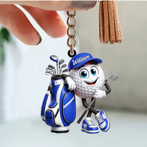 Holding Golf Club Golf Ball Keychain - Personalized Golf Mascot Keychain Gift for Male & Female Golfer