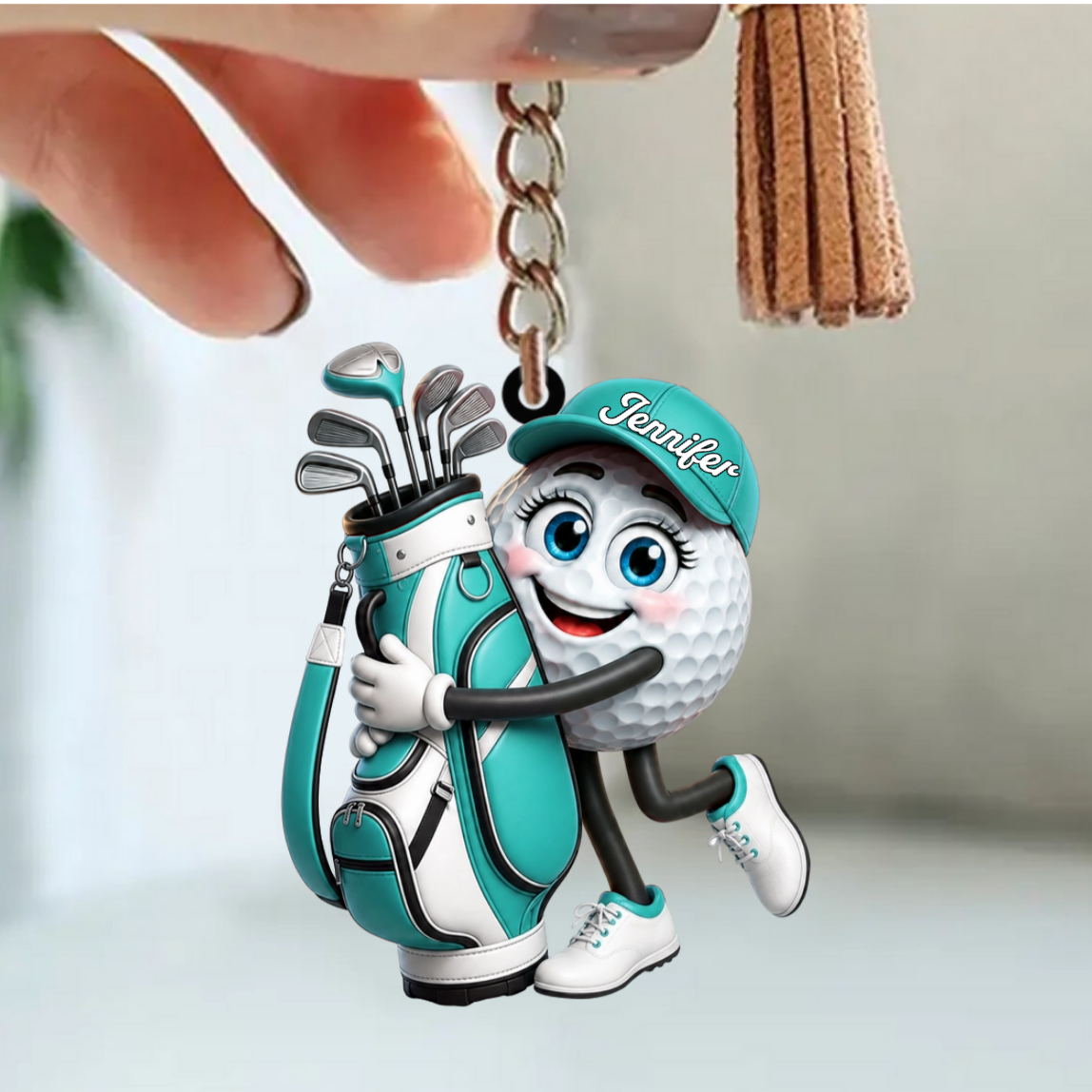 Hugging Golf Bag Funny Golf Ball Keychain - Personalized Golf Mascot Keychain Gift for Male & Female Golfer