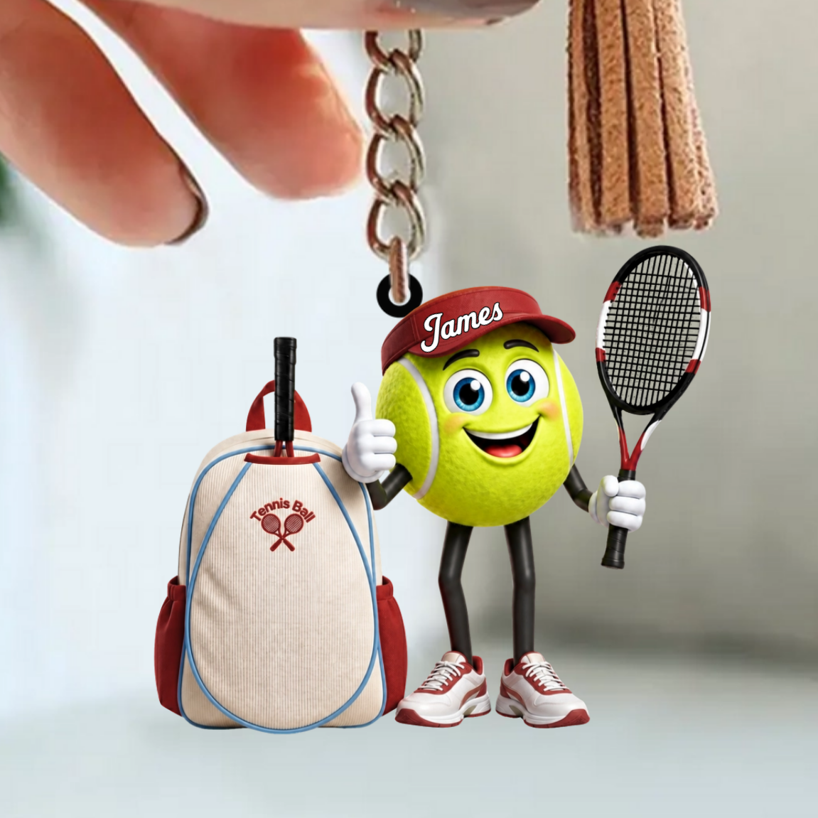 Cute Thumbs‑Up Tennis Ball Mascot with Tennis Backpack Design Keychain - Personalized Tennis Keychain