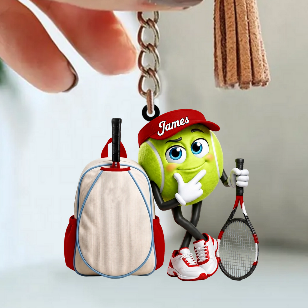 Tennis Racket & Tennis Backpack Design Keychain - Personalized Big‑Eye Tennis Ball Mascot Keychain