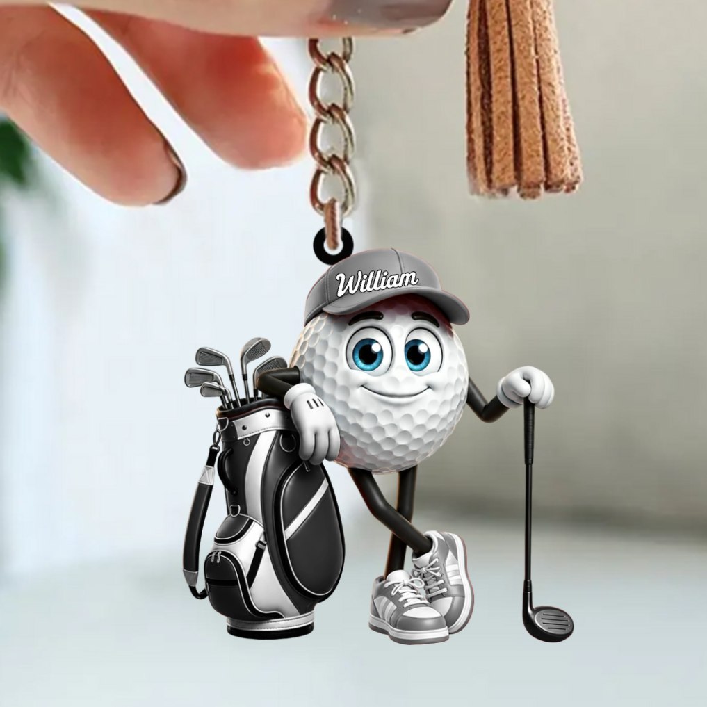 Relaxed Confident Pose Personalized Golf Ball Mascot Keychain Gift for Male & Female Golfer