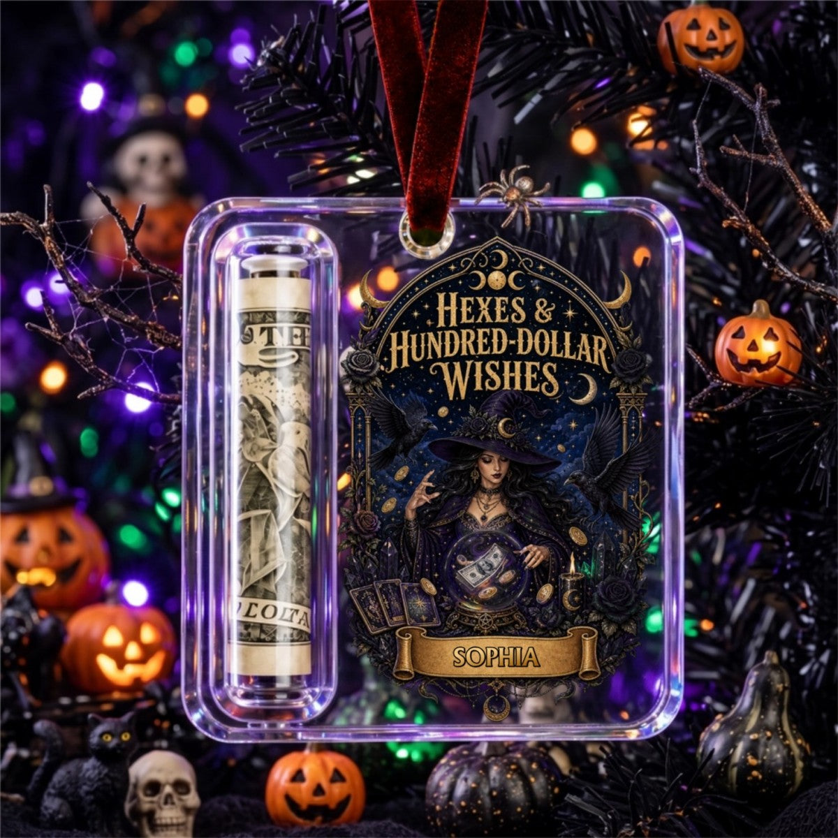 Custom Name Witch Money Holder Acrylic Ornament – Personalized Halloween Keepsake