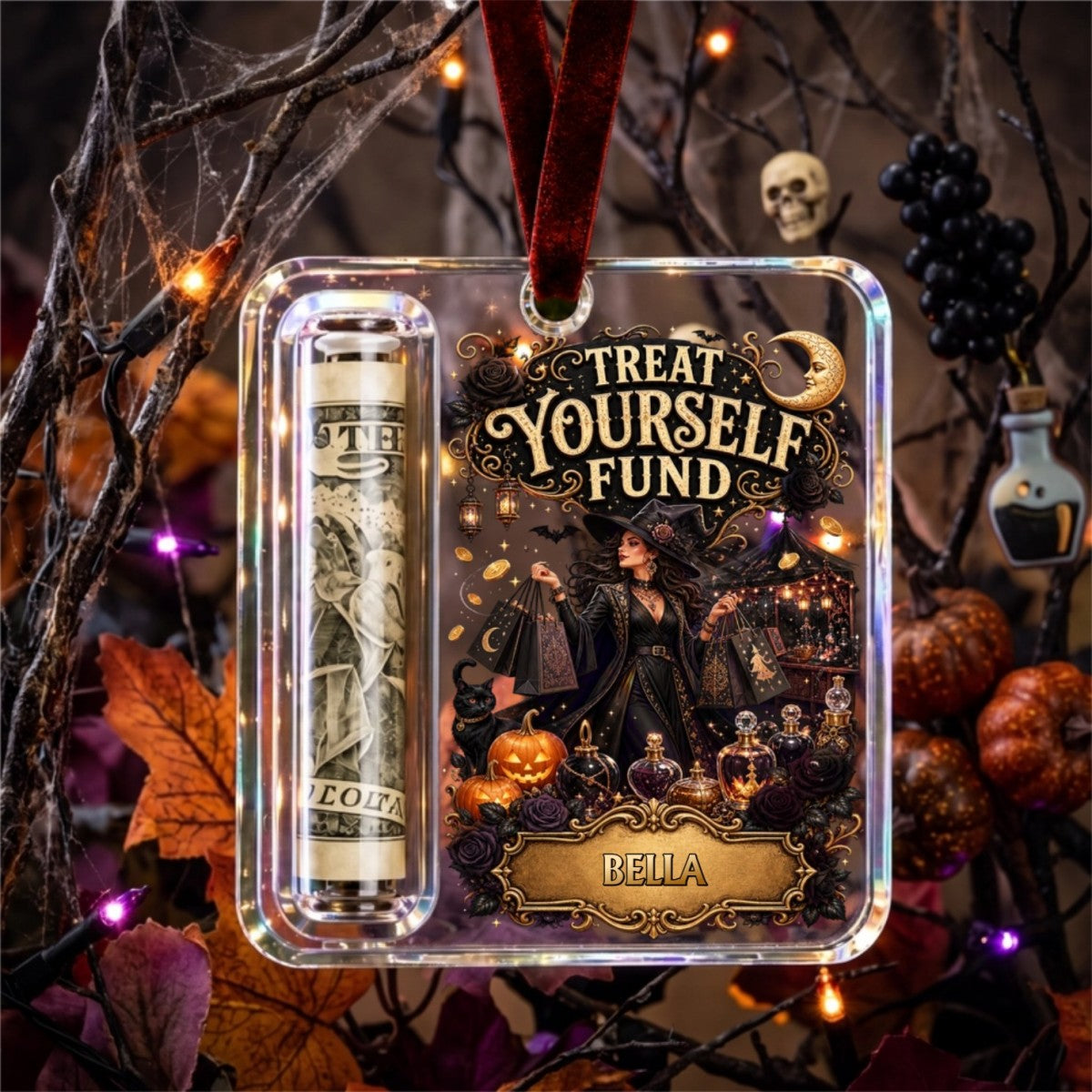 Custom Name Witch Money Holder Acrylic Ornament – Personalized Halloween Keepsake