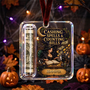Custom Name Witch Money Holder Acrylic Ornament – Personalized Halloween Keepsake