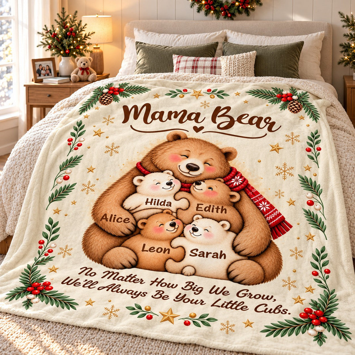 Personalized Mama Bear Christmas Blanket – Custom Kids' Names Bear Family Fleece Blanket, Christmas Gift For Mom From Her Children