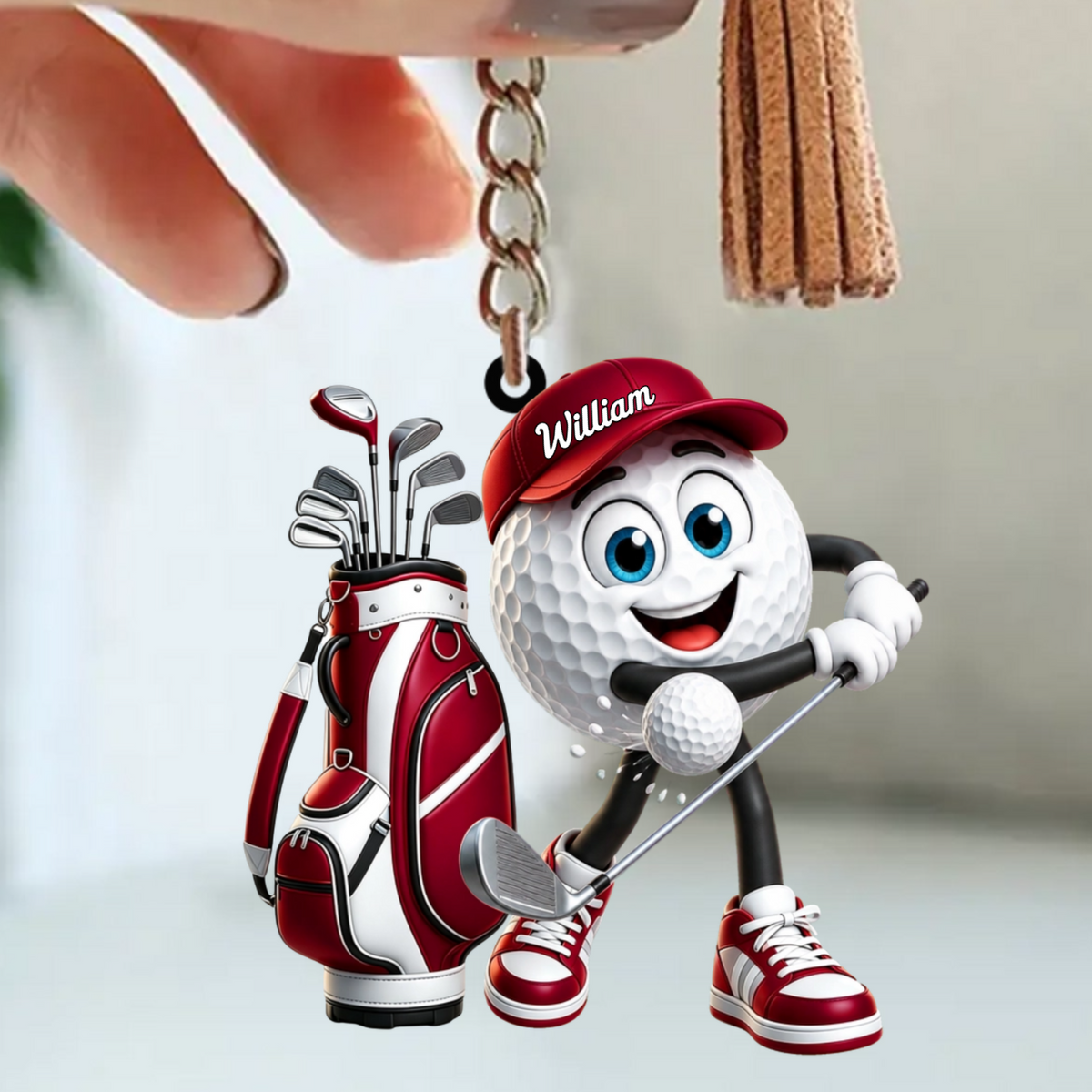 Energetic Swinging Personalized Golf Ball Mascot Keychain Gift for Male & Female Golfer