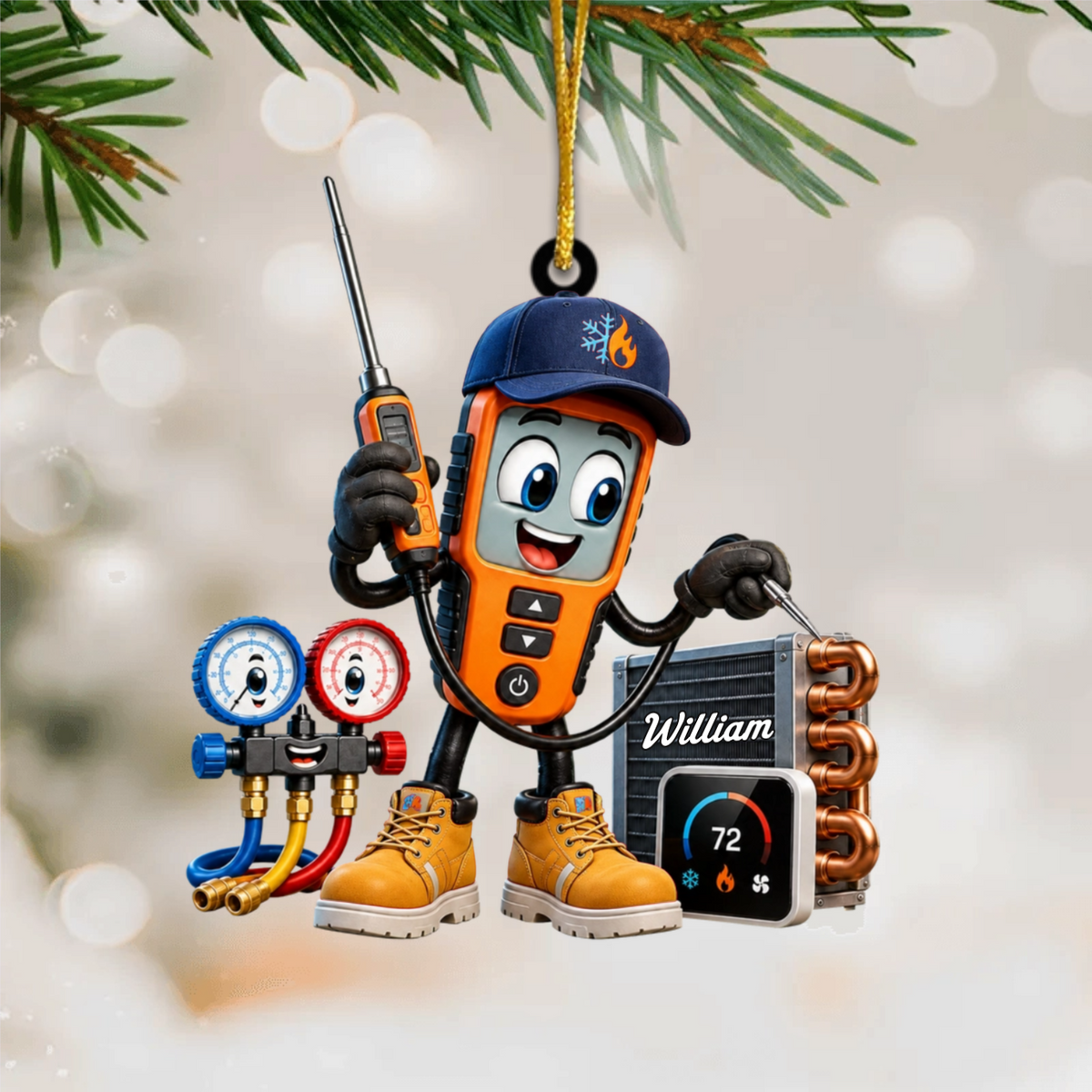 HVAC Digital Meter Mascot Holding Temperature Probe Ornament – Funny Personalized Gift for AC Technicians