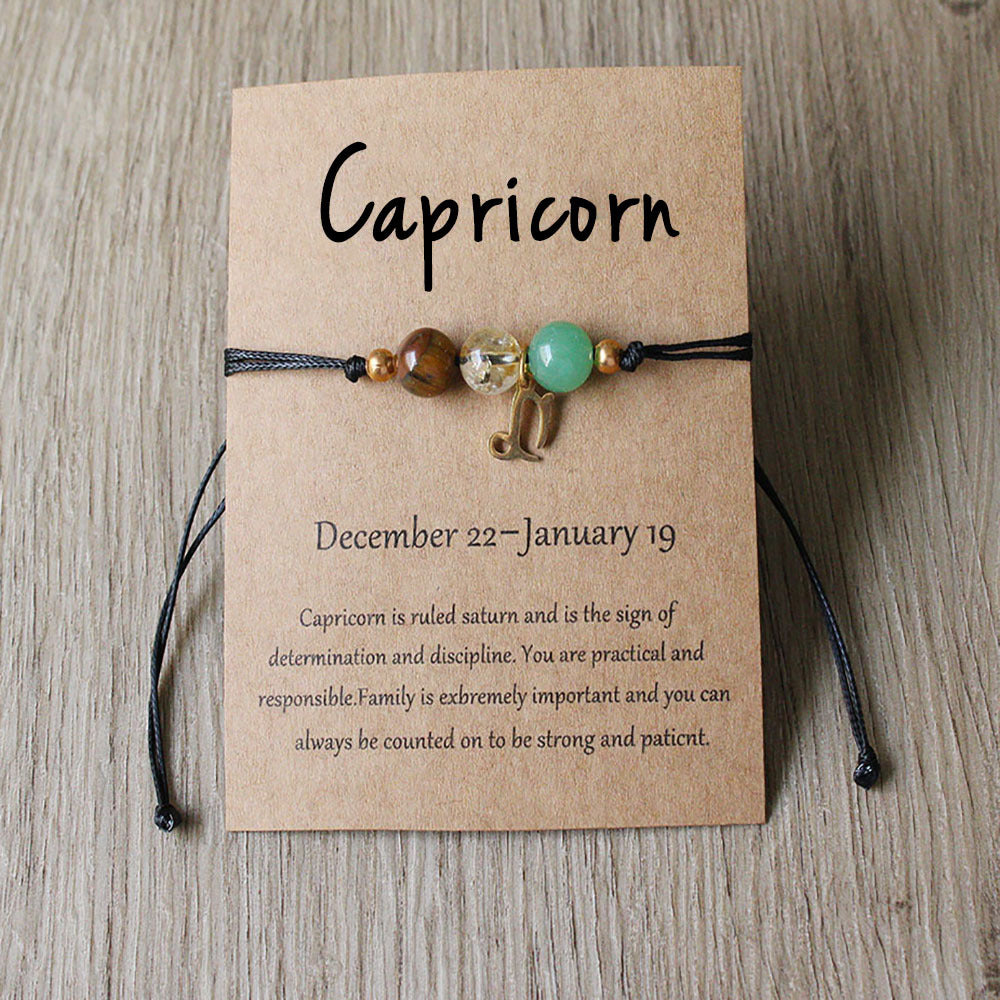 Natural Stone Hand Woven Bracelet With Twelve Constellations Paper Card