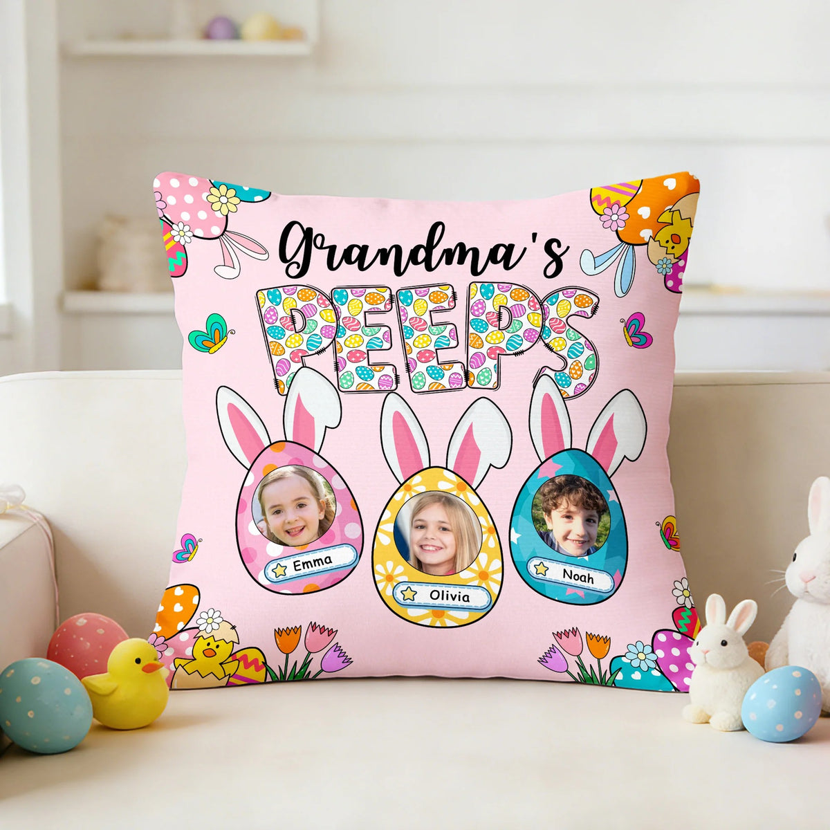 Grandma's Bunnies Ears Easter Eggs Photo Soft Throw Pillow Cover with Name - Personalized Pillow