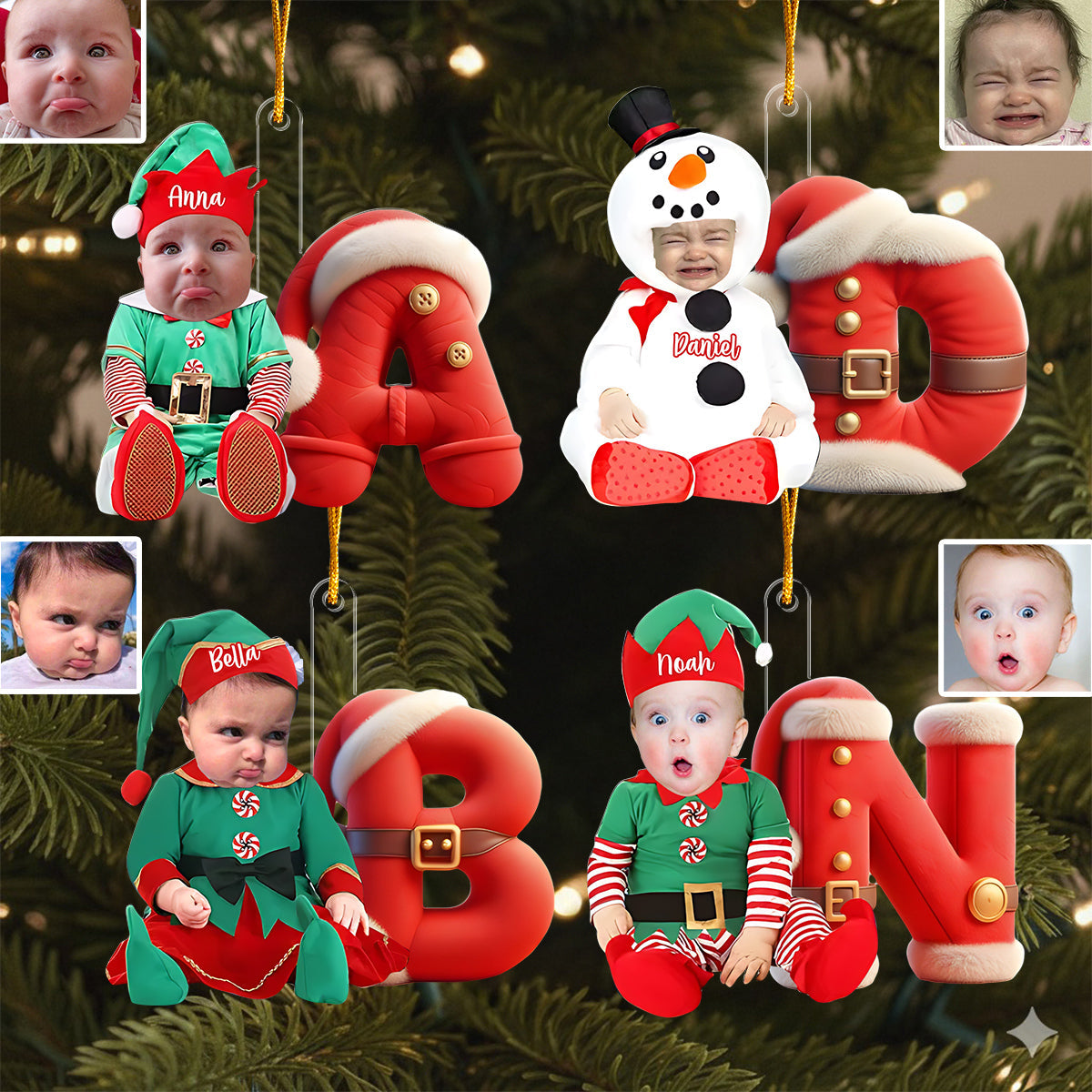 Custom Kid Face Photo - Initials Personalized Christmas Ornament